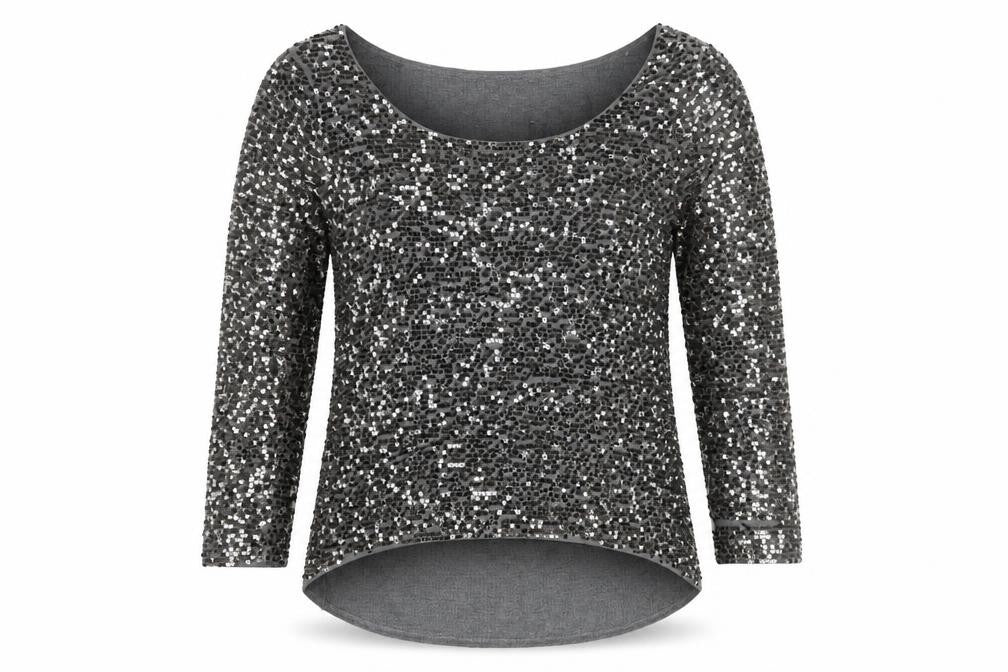 Front view of Oasis Women's Grey Sequin Long Sleeve Top M