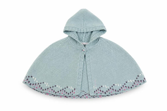 Front view of FatFace girls’ blue hooded knit cape s excellent condition