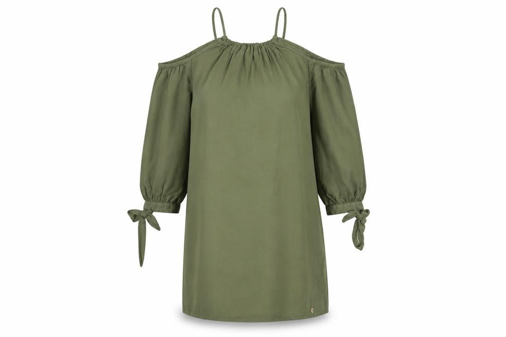 Front view of Superdry Women's Green Cold Shoulder Dress, size 16