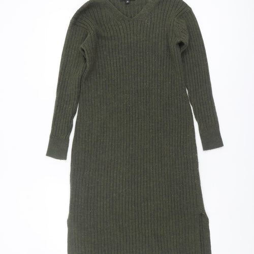 Uniqlo Women's Green Jumper Dress XS V-Neck Midi