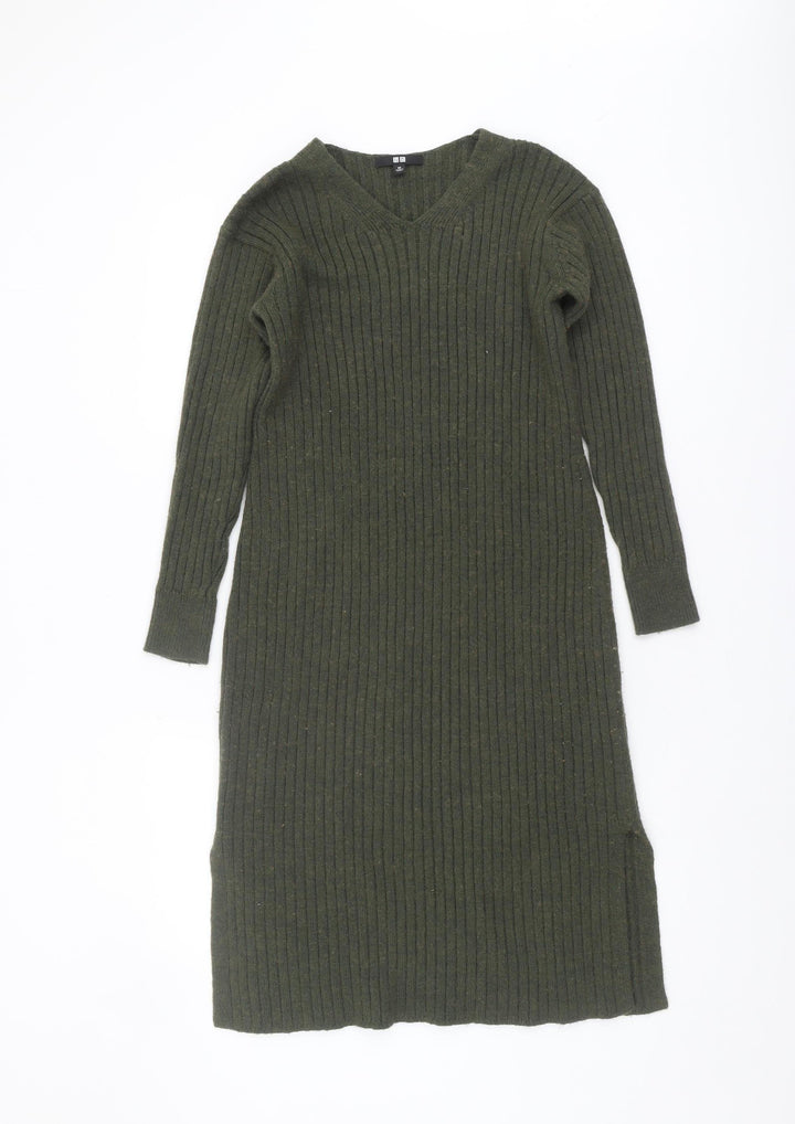 Uniqlo Women's Green Jumper Dress XS V-Neck Midi