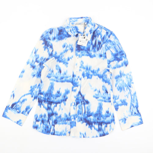 Zara Women's Blue Button-Up Shirt, Size 12, Collared