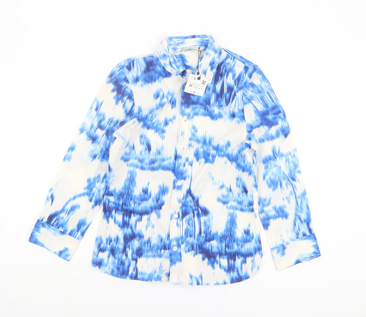 Zara Women's Blue Button-Up Shirt, Size 12, Collared