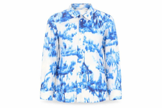 Front view of Zara Women's Blue Button-Up Shirt, size 12, Collared