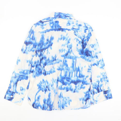 Zara Women's Blue Button-Up Shirt, Size 12, Collared