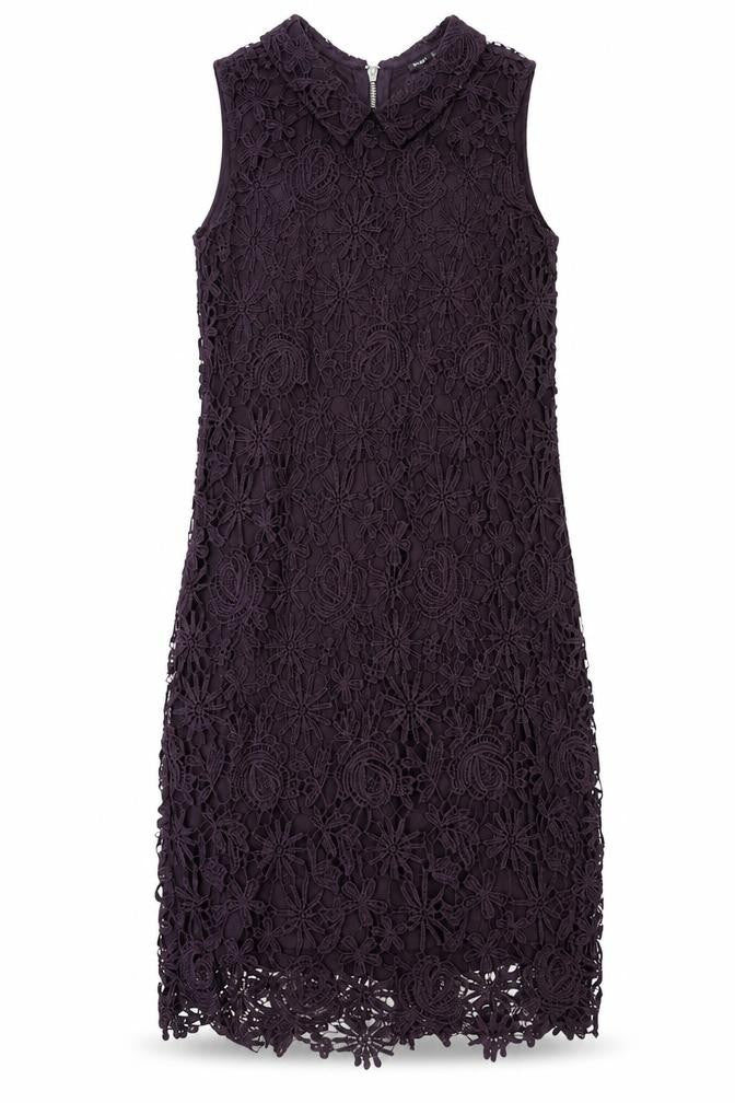 Front view of Warehouse Women's Purple Lace Sheath Dress, size 6