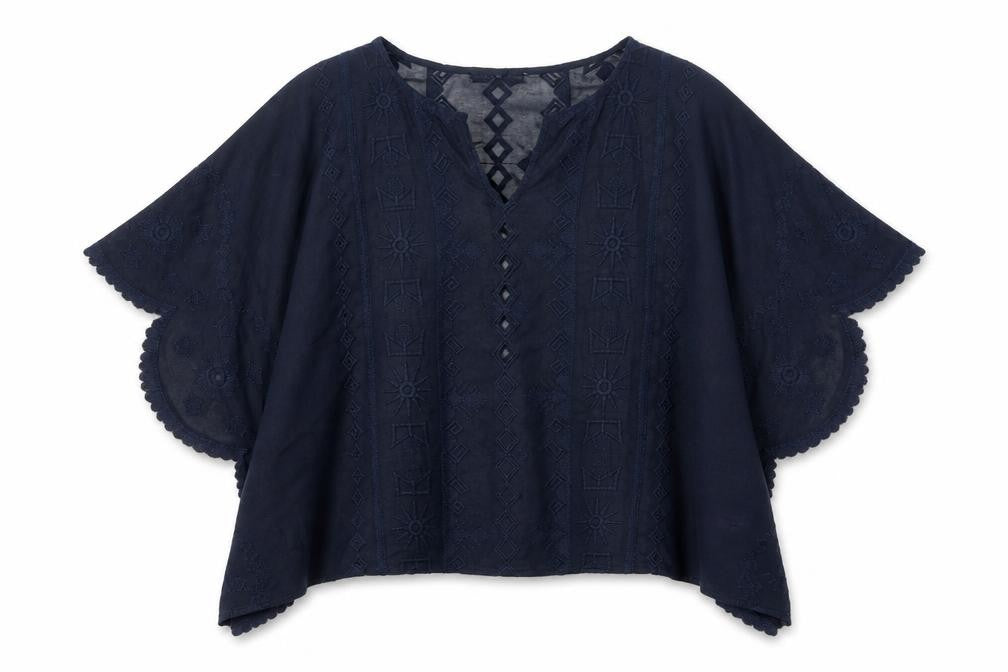 Front view of Maison de Nimes Women's Blue Embroidered Blouse, size 18