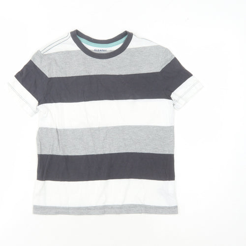 Old Navy Boys Grey Striped T-Shirt M (8 Years) Crew Neck