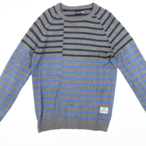 Jack & Jones Men's Grey Blue Striped Pullover Jumper S