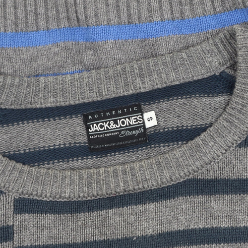 Jack & Jones Men's Grey Blue Striped Pullover Jumper S