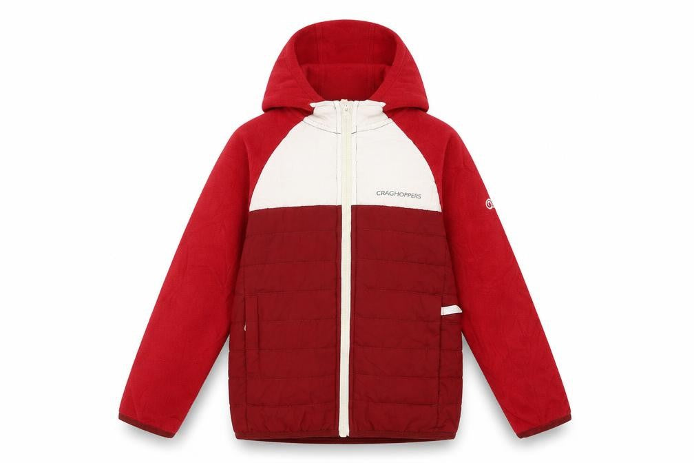 Front view of Craghoppers boys’ red puffer jacket 5-6 years with hood
