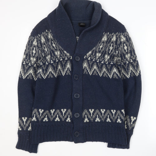 H&M Men's Blue Cardigan, Size M, Fair Isle Pattern