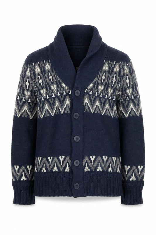 Front view of H&M Men's Blue Cardigan, size M, Fair Isle Pattern