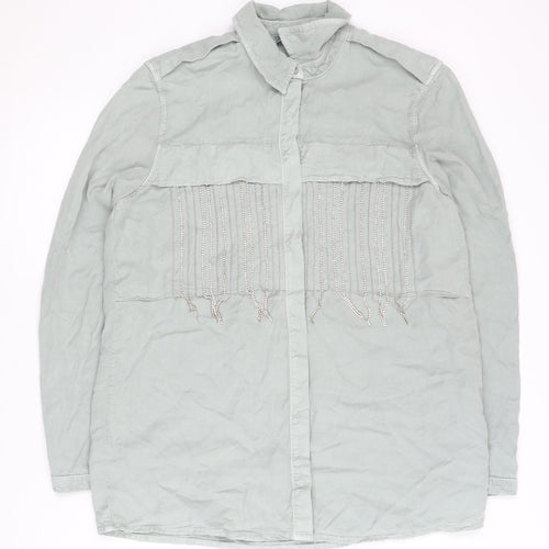 Zara Women's Green Beaded Long Sleeve Button-Up Shirt