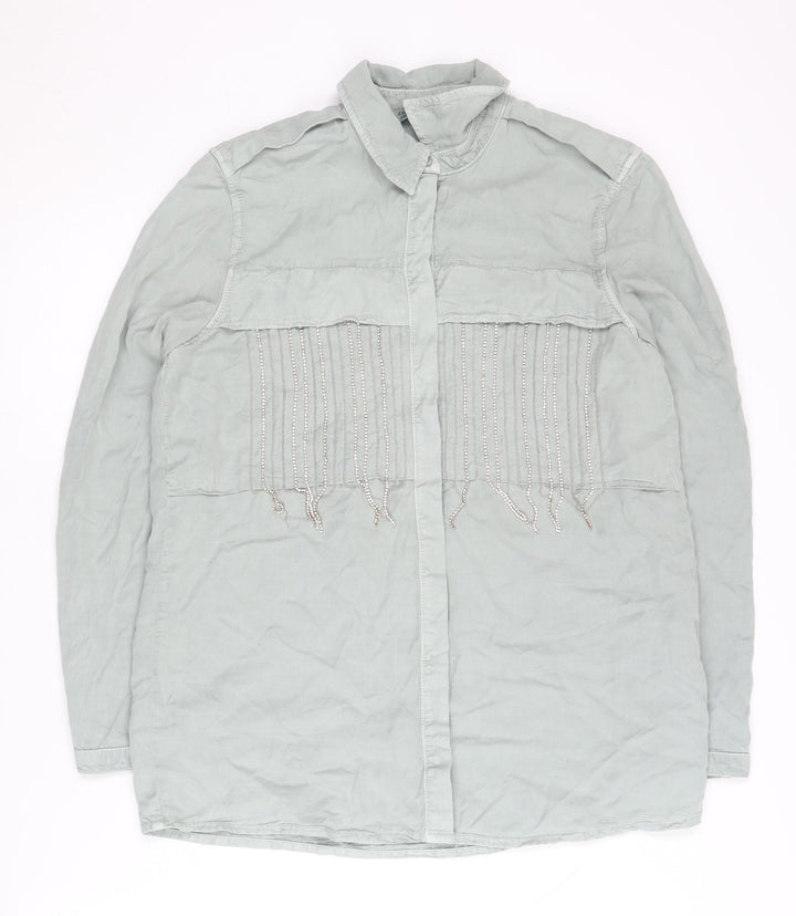 Zara Women's Green Beaded Long Sleeve Button-Up Shirt