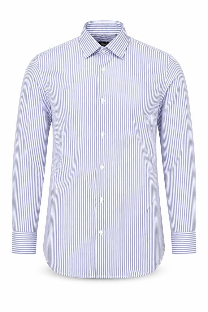 Front view of Next Men's Blue Striped Regular Fit Shirt 15.5 Long Sleeve