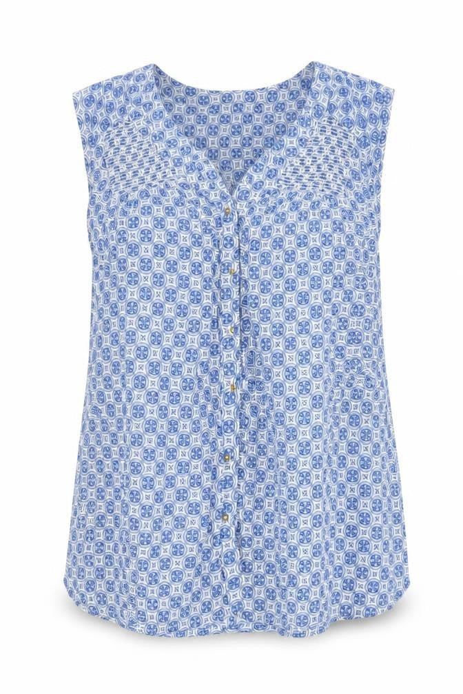 Front view of Sfera Women's Blue Geometric Sleeveless Blouse
