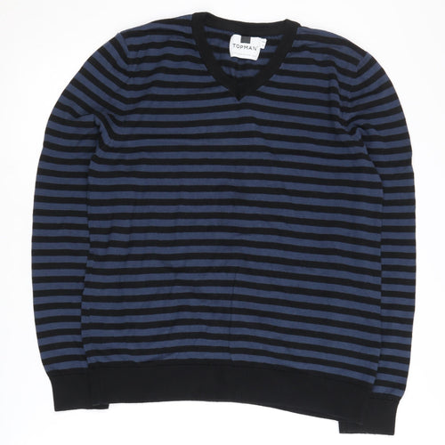 Topman Men's Black/Blue Striped Pullover Jumper, M