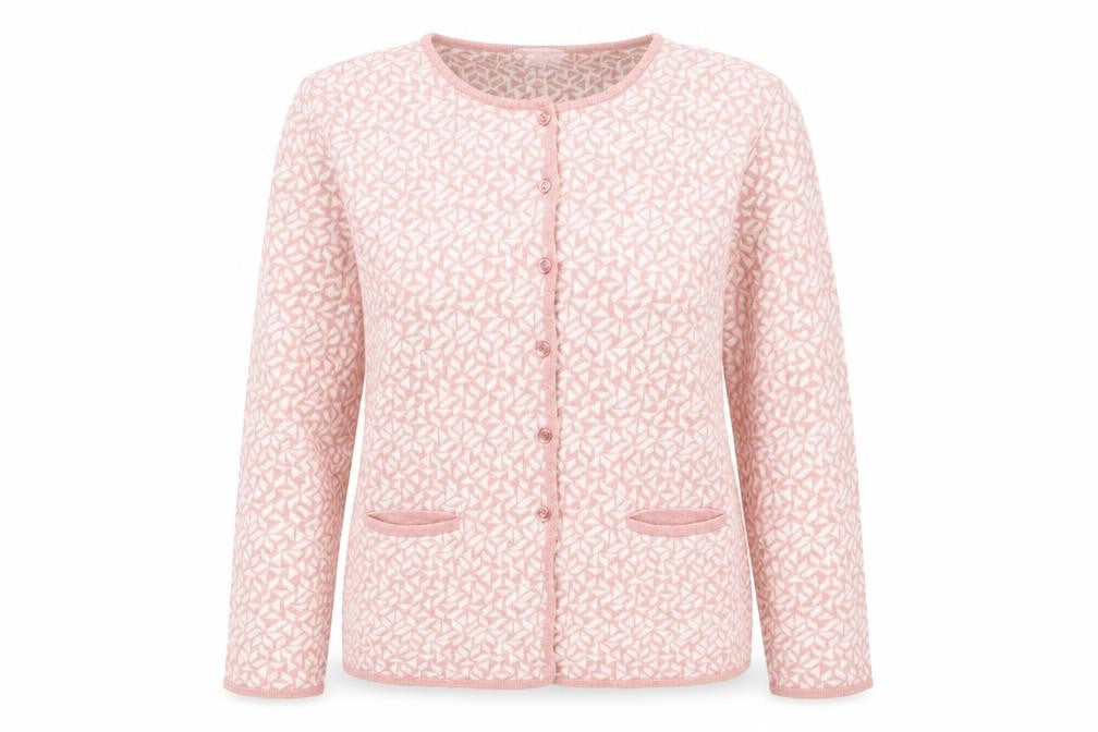 Front view of Afibel Women's Pink Cardigan, size 14, Geometric Knit