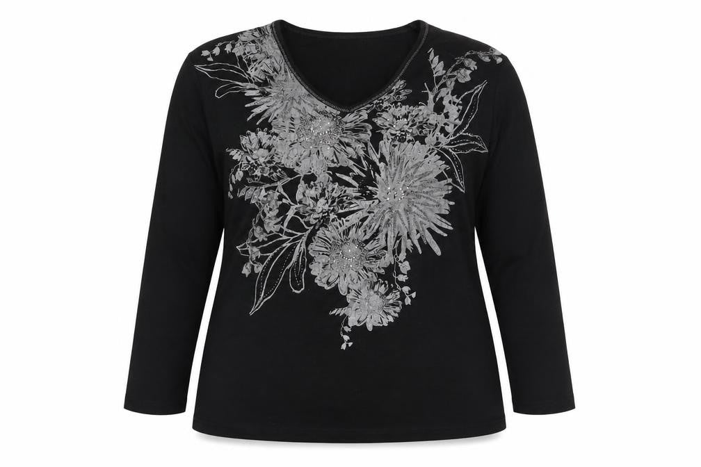 Front view of Goléhaug Women's Black Embroidered Floral Top, size 14