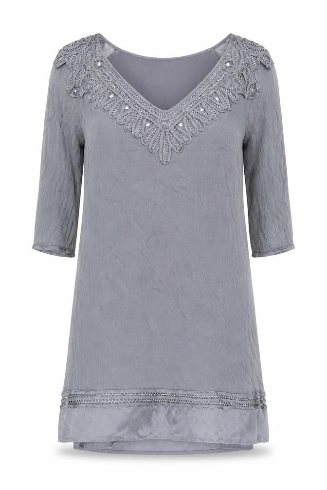Front view of Monsoon Women's Grey 3/4 Sleeve V-Neck Dress