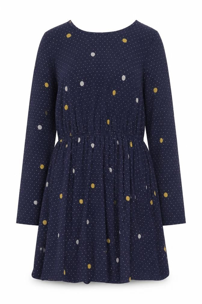 Front view of Whistles Women's Blue Polka Dot Long Sleeve Dress