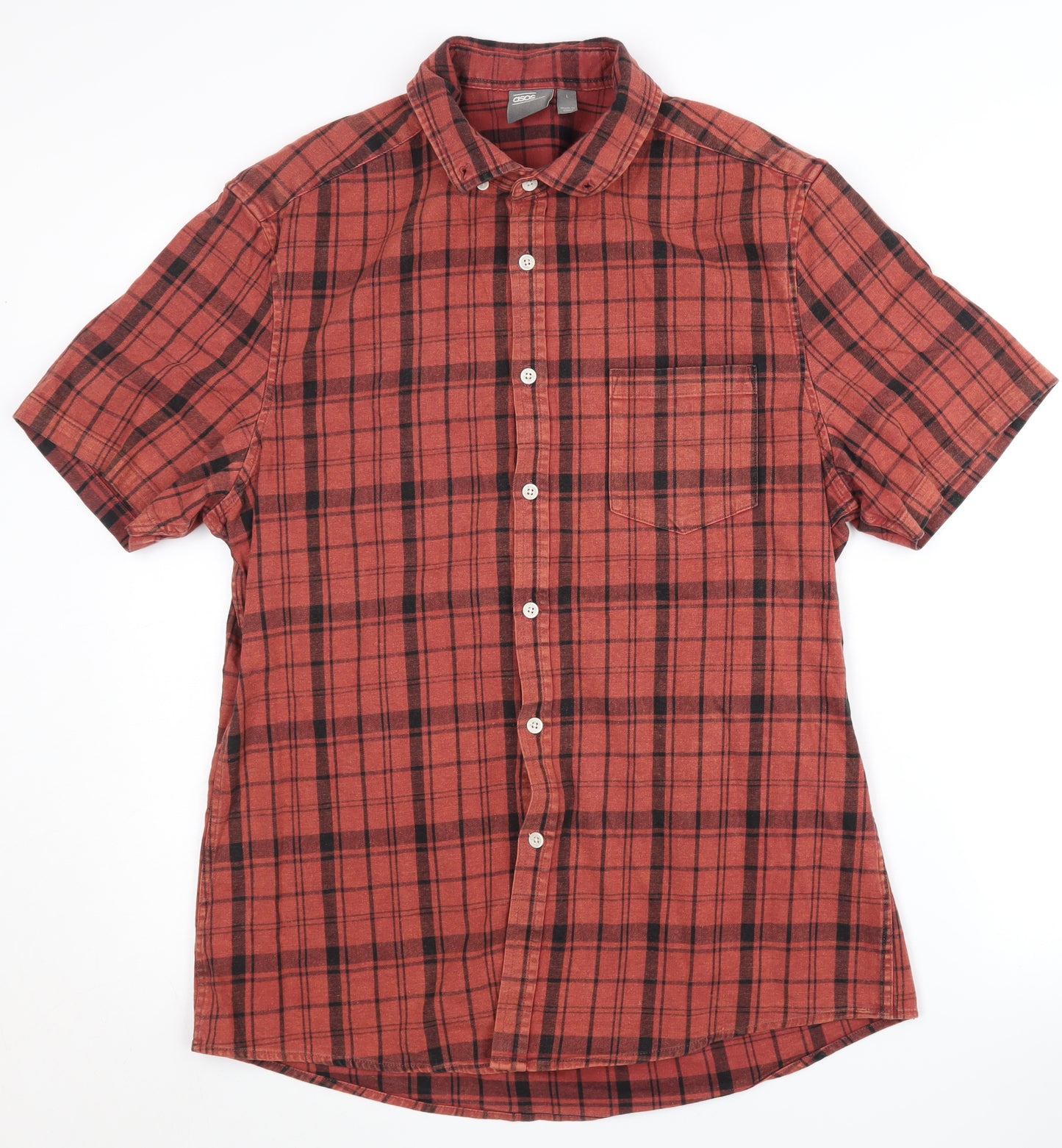 Asos Men's Red Plaid Short Sleeve Collared Shirt L