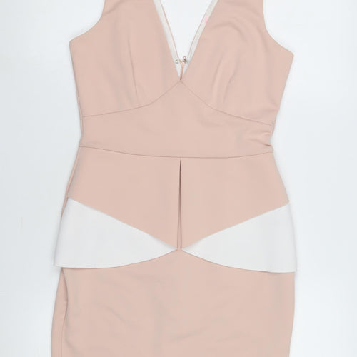 Lipsy Women's Beige Bodycon Dress Size 10 Party V-Neck