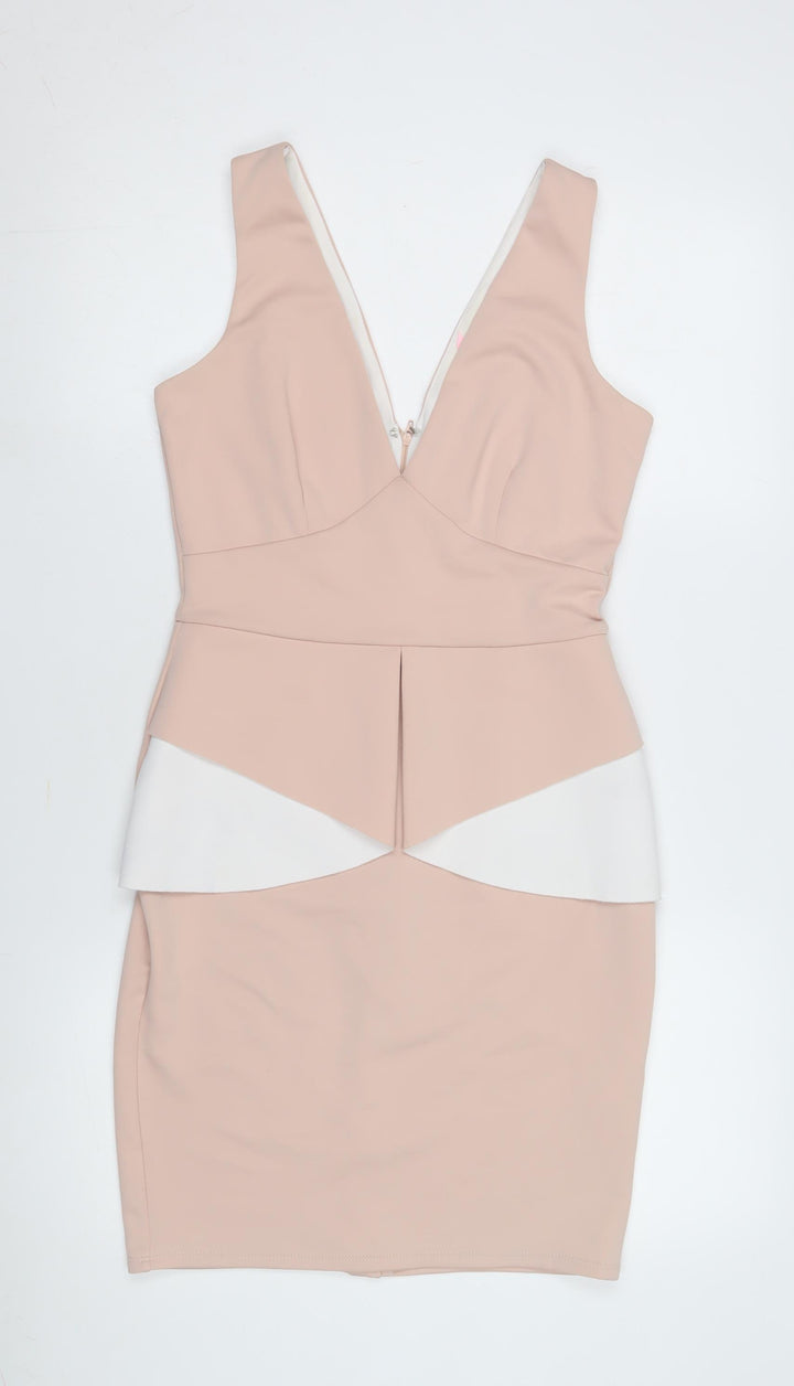 Lipsy Women's Beige Bodycon Dress Size 10 Party V-Neck