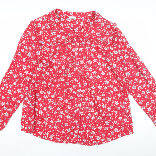 Damart Women's Red Floral Blouse - Size 12 Long Sleeve