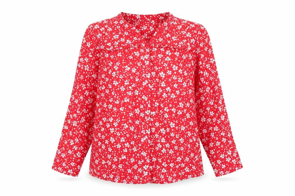 Front view of Damart Women's Red Floral Blouse -, size 12, Long Sleeve