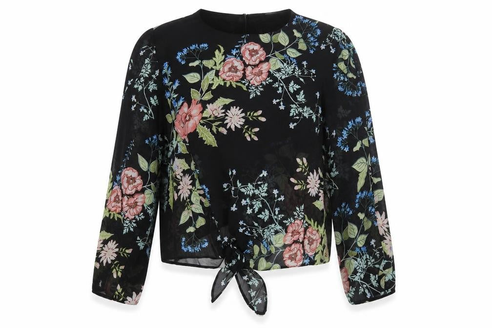 Front view of Lipsy Women's Black Floral Wrap Blouse, size 14, Excellent