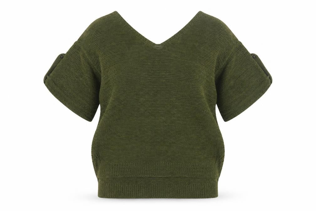 Front view of UTERQUE Women's Green V-Neck Short Sleeve Jumper L