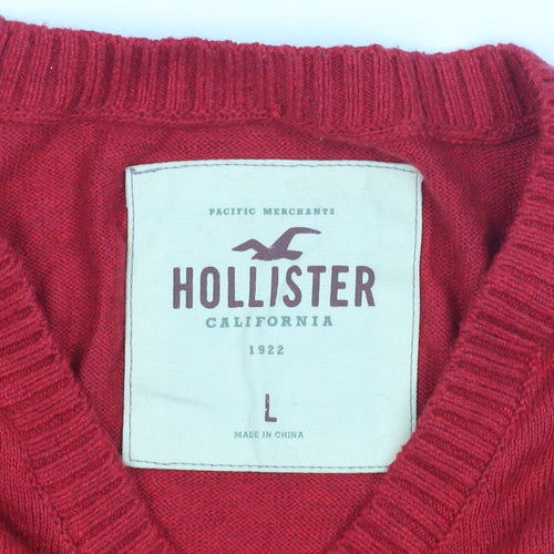 Hollister Men's Red V-Neck Pullover Jumper L
