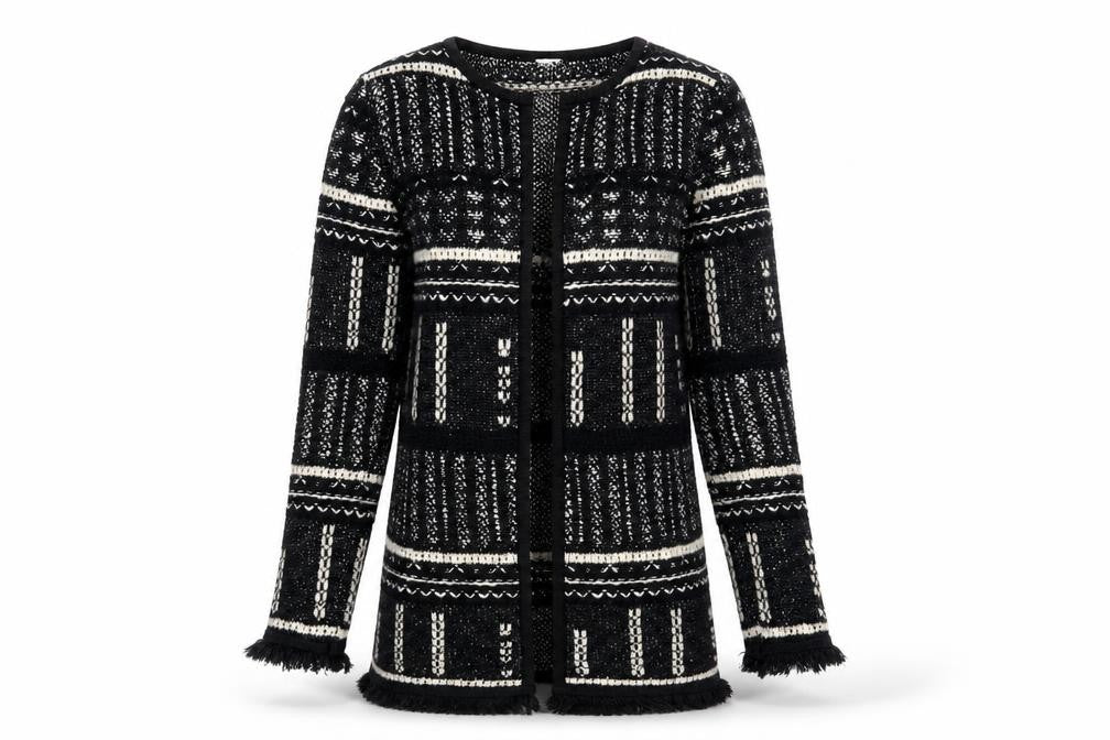 Front view of Miss Selfridge Women's Black Geometric Open Front Cardigan, size 8