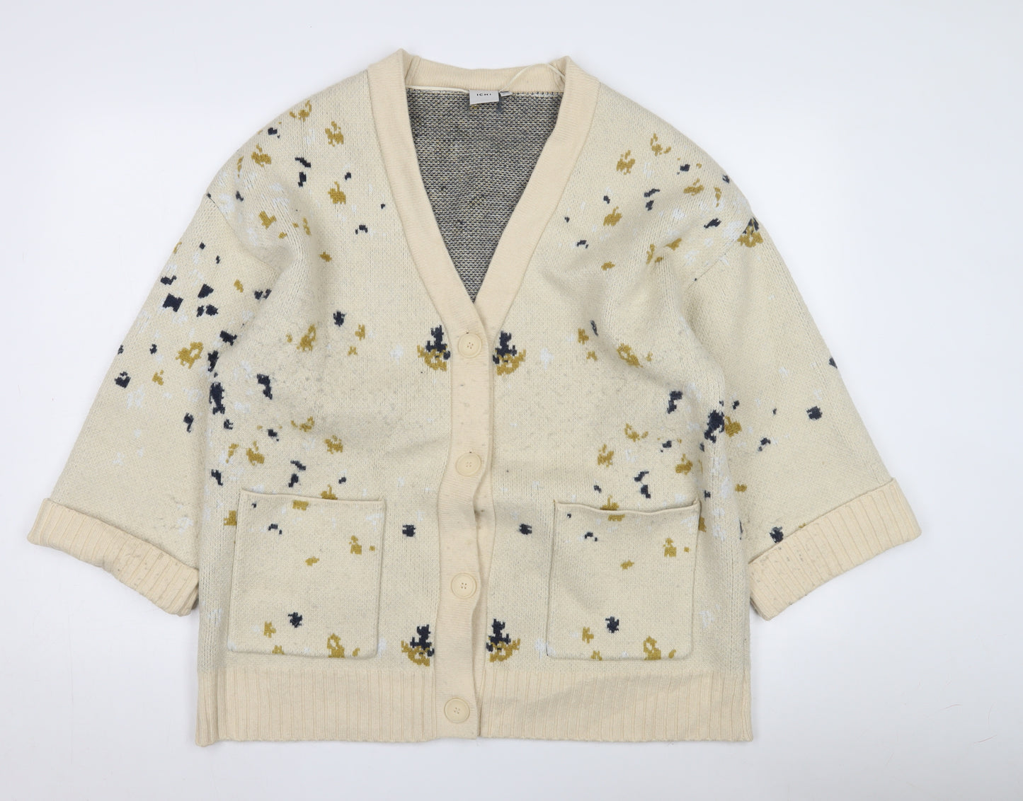 ICHI Women's Beige Cardigan, M, V-Neck, 3/4 Sleeve