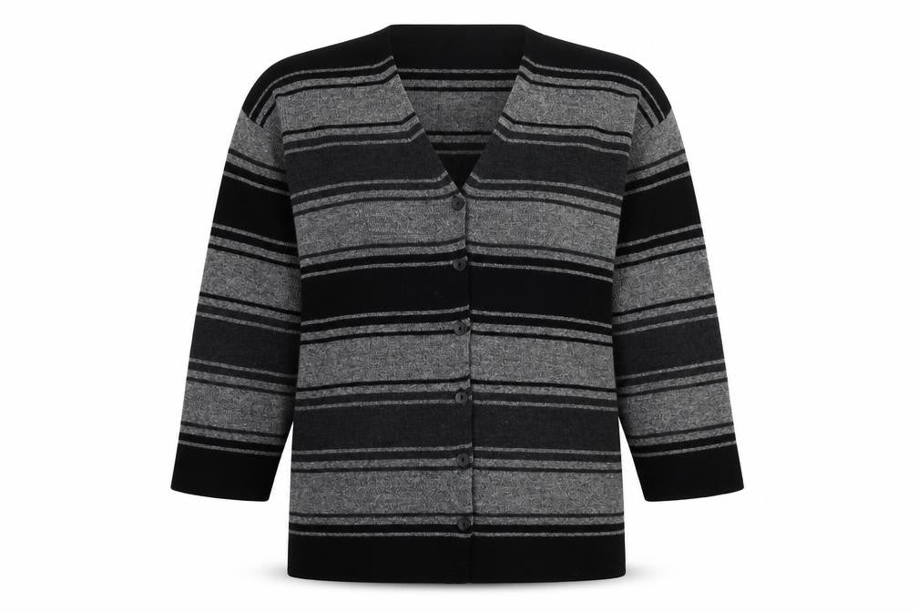 Front view of BHS Women's Grey Striped Cardigan, size 10, Wool Blend