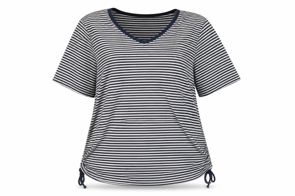 Front view of Casamia Women's Blue Striped V-Neck T-Shirt M