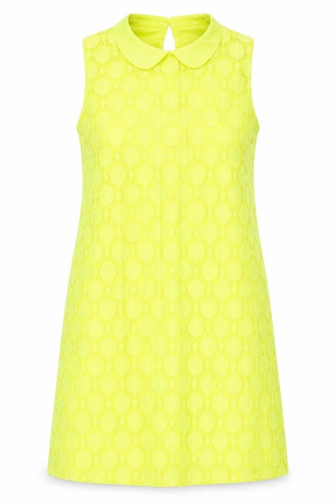 Front view of Principles Women's Yellow Sleeveless Lace Dress, size 14