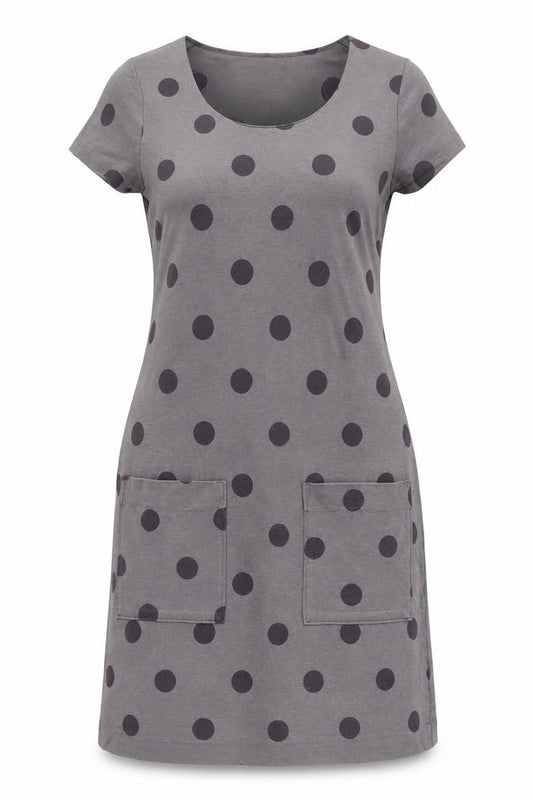 Front view of Boden Women's Grey Polka Dot Cotton Dress, size 10