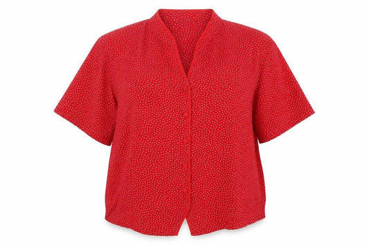 Front view of Berkertex Women's Red Polka Dot Button-Up Top
