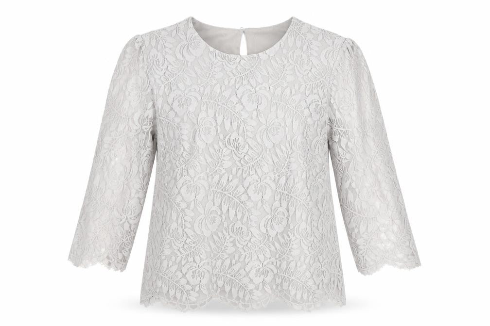 Front view of Oasis Women's Grey Floral Lace Blouse, size 12, Chic Casual