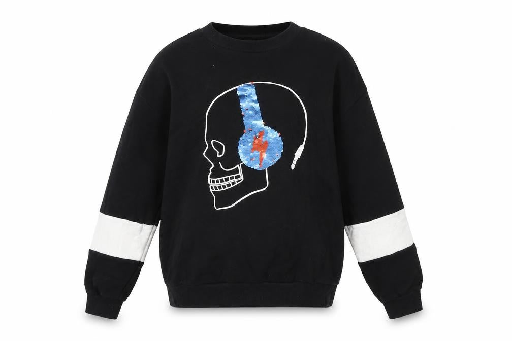 Front view of Marks & Spencer boys’ black sweatshirt 11-12 years graphic sequin