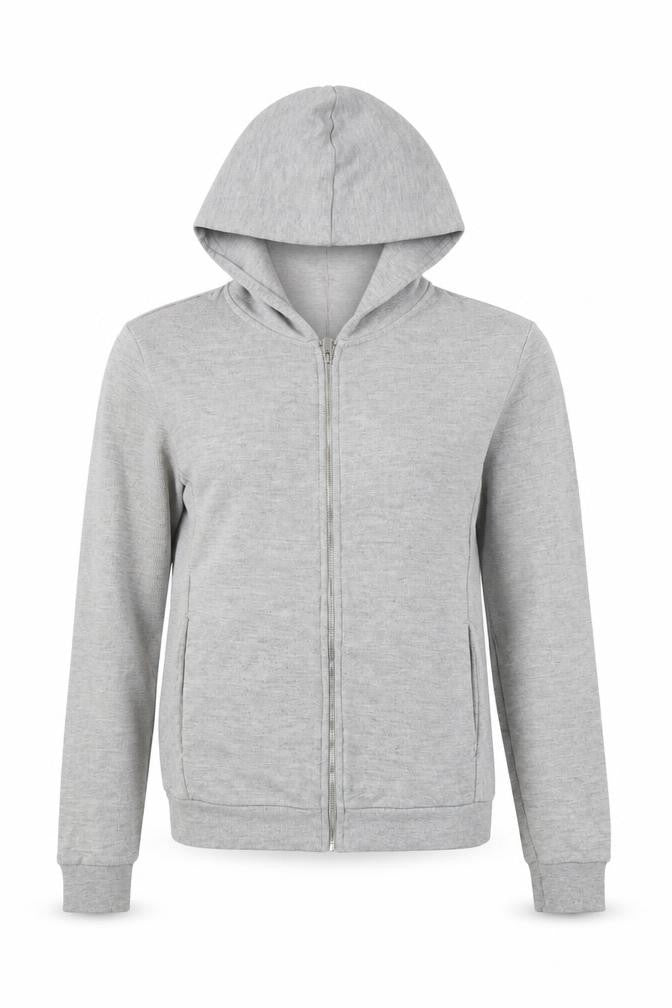 Front view of Zara unisex grey full zip hoodie, size S, casual essential