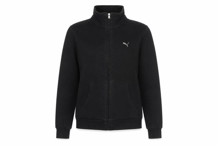 Front view of Puma Black unisex gym jacket, size 10, full zip fleece