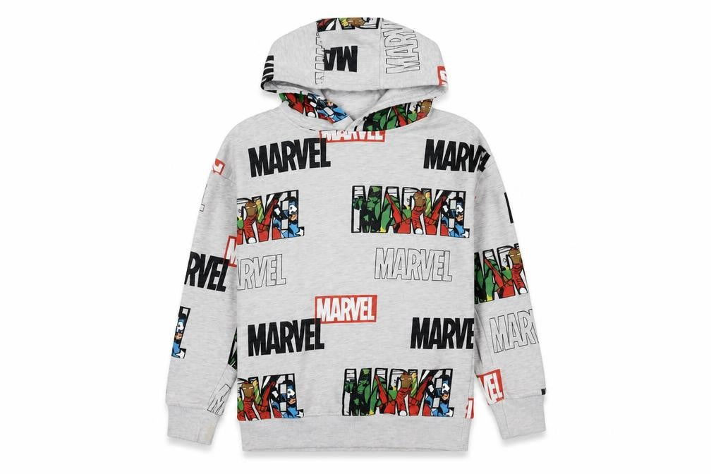 Front view of Marvel boys’ grey superhero pullover hoodie 11-12 years