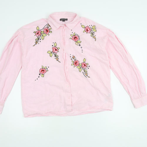 Topshop Women's Pink Embroidered Button-Up Shirt