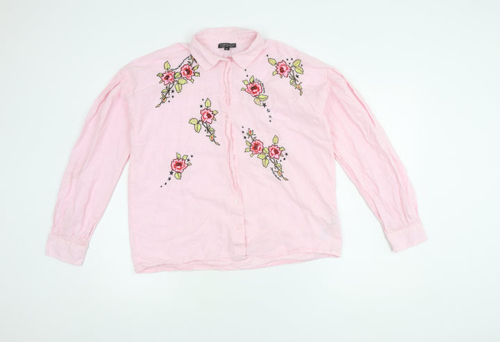 Topshop Women's Pink Embroidered Button-Up Shirt
