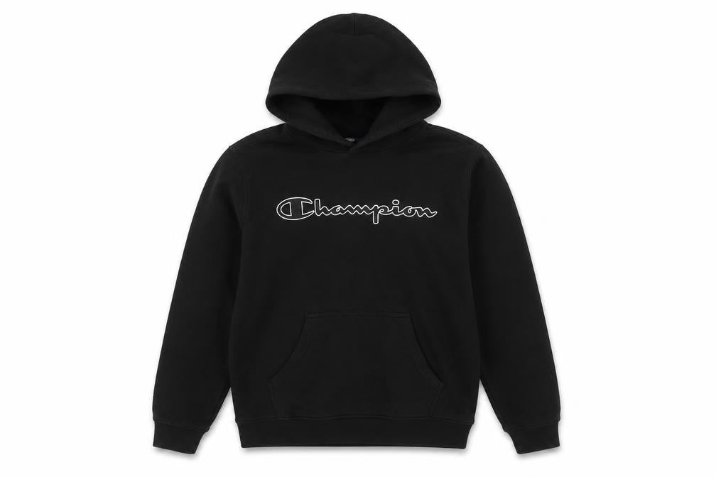 Front view of Champion Men's Black Pullover Hoodie M Logo