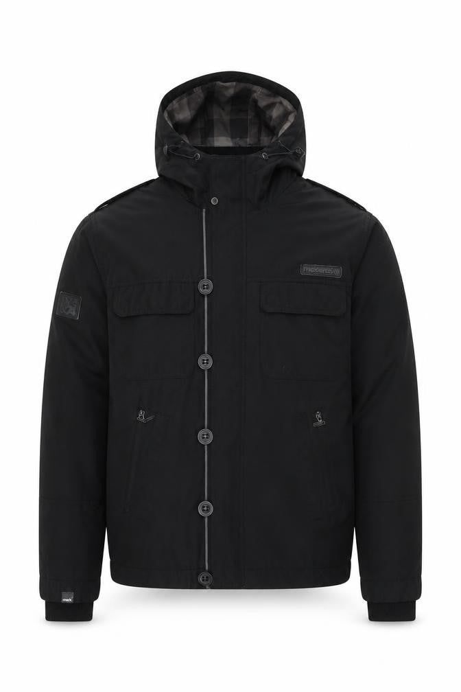 Front view of McKenzie Men's Black S Jacket Hooded Polyester Casual